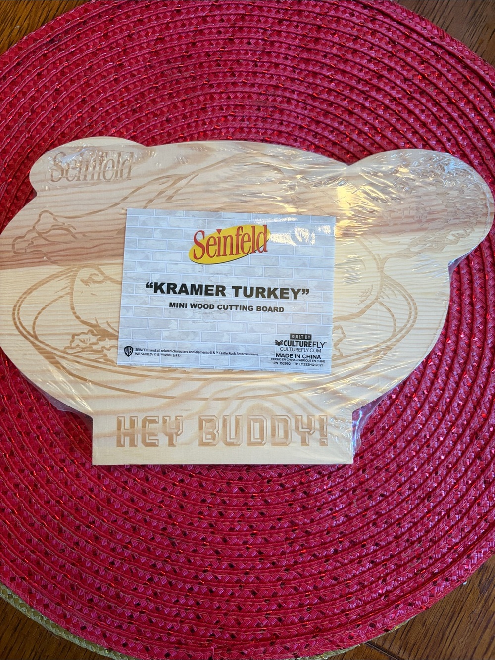 "Kramer Turkey" Mini Wood Cutting Board - Natural Wood Tone. Still in plastic